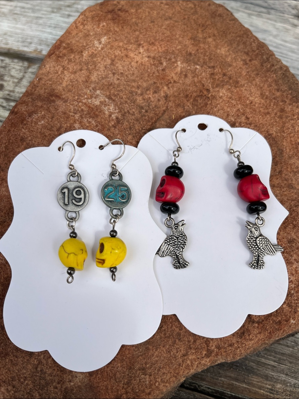 Windspirit design Yellow Skull and Red skull and Crow Earrings